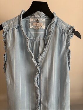 Cupio Light Blue Pinstripe Ruffle Sleeveless Top